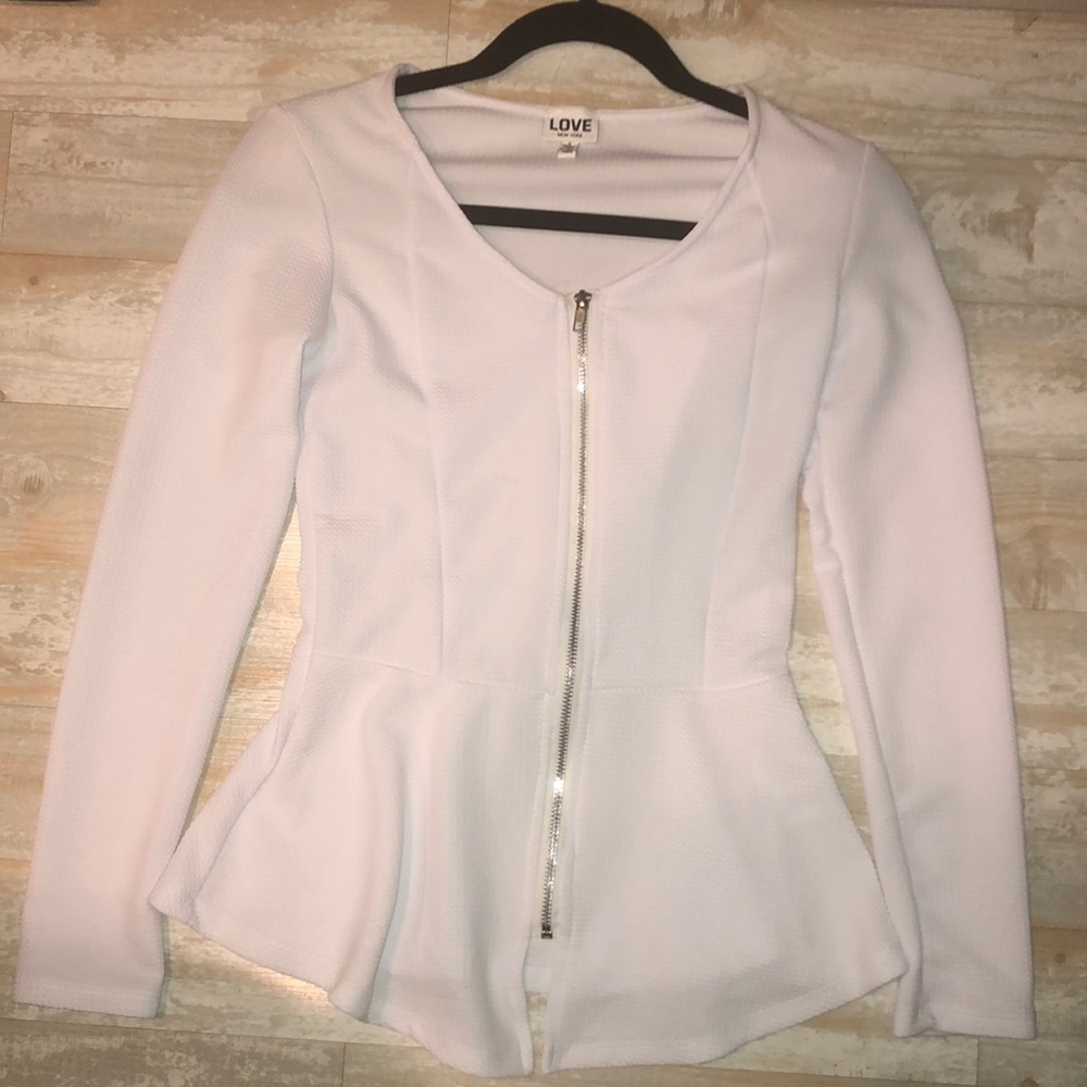 white long sleeve peplum top with silver zipper